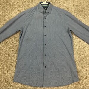 Tom Baine Mens S 14-14.5 Slim Fit Geometric Pattern Blue Dress‎ Shirt Flip Cuff